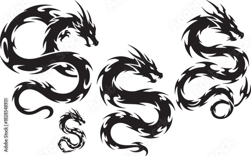 Dynamic Coiled Tribal Dragon Serpent Vector Tattoo Set