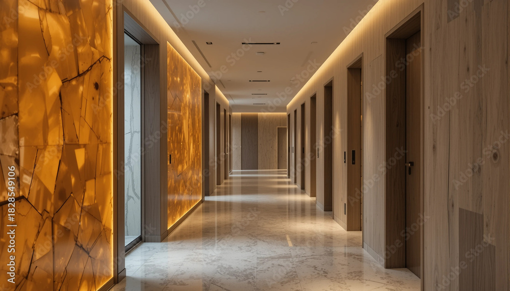 Fototapeta premium Modern hotel with amber resin panels and natural wood walls