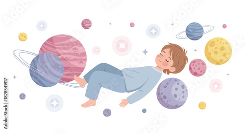 Whimsical Illustration of a Child Floating Among Planets and Stars in Space