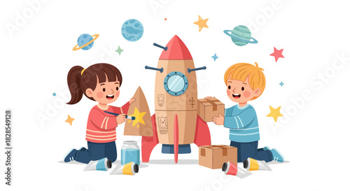 Children Playing with Rocket Model and Space Decorations in Playful Scene