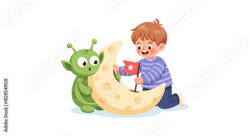 child and alien character sitting on moon with star flag in whimsical scene
