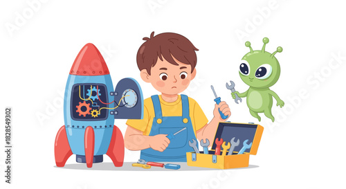 young boy assembling toy rocket with friendly alien and repair tools