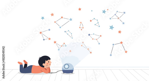 Child lying on floor observing star constellations projected by a night sky