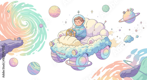 Whimsical Space Adventure Featuring a Young Astronaut Riding a Cloud Car in a