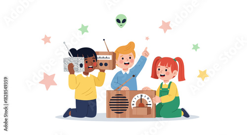 Children Engaged in Creative Play with Homemade Radio and Alien Floating Above