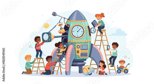 Whimsical children assembling a colorful rocket with toys and tools for