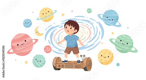 Child Exploring a Whimsical Space Universe with Digital and Celestial Elements