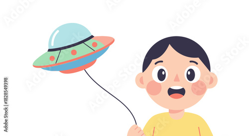 Cute animated child with surprised expression interacting with flying saucer