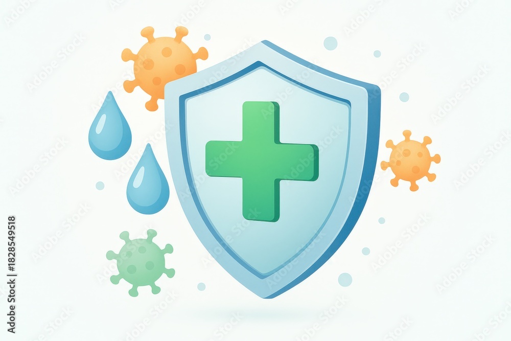Fototapeta premium Innovative digital shield representing health protection against viruses featuring water droplets and microbes emphasizing personal safety measures and biological resilience