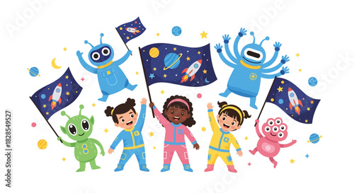 joyful children and colorful aliens celebrating space exploration adventure