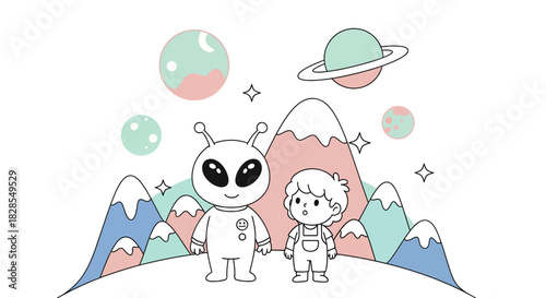 Adorable Alien and Child Exploration in a Vibrant Extraterrestrial Landscape