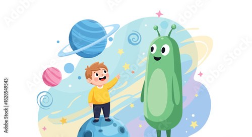 Children Exploring a Playful Outer Space Scene with Friendly Alien and Planets