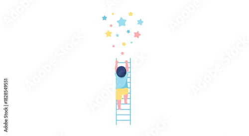 Whimsical child climbing ladder reaching for colorful starry dreams in playful