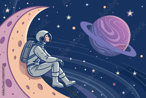 Dynamic Astronaut Sitting Glowing Crescent Moo Professional Photo