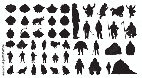 Diverse black silhouette collection human figures, various animals, and abstract natural forms. Versatile graphic elements for design, illustration, and conceptual art, providing adaptable shapes for 