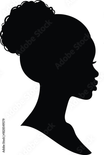 Elegant African Woman Profile Silhouette Vector, Featuring Natural Hair Updo Bun Hairstyle, Beautiful Female Side View Head Outline Graphic Element for Beauty and Fashion Design