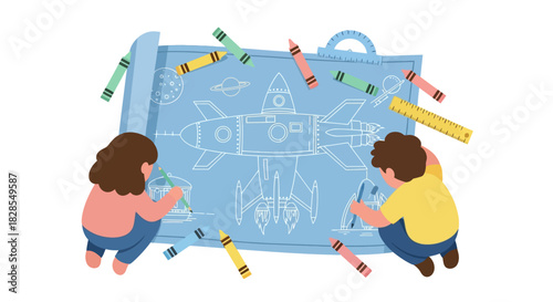 children designing airplane blueprint with colored crayons and ruler education