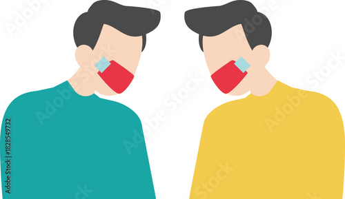 Ineffective communication, forbidden speech, two businessmen facing each other with their mouths glued with transparent tape

