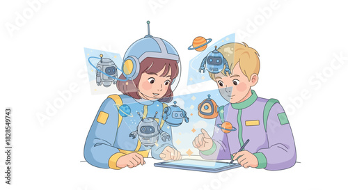 children engaging with futuristic space-themed educational technology in a