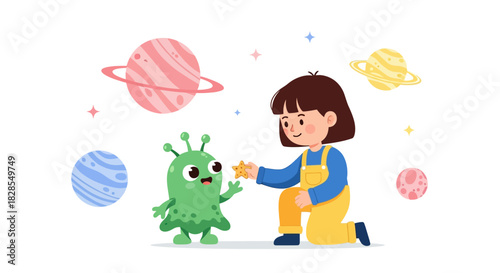 Adorable Girl in Playful Spacesuit Interacting with Cartoon Alien in Space