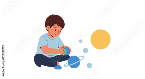 Young Boy Exploring the Solar System with Toy Planets and Astronomical Elements