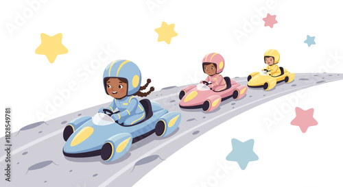 Children Engaged in a Fun Space-Themed Go-Kart Racing Adventure on a Curved