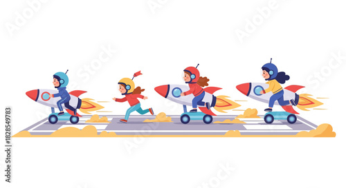 Children dressed as astronauts riding rocket scooters on futuristic runway scene