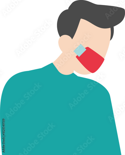 Ineffective communication, forbidden speech, two businessmen facing each other with their mouths glued with transparent tape

