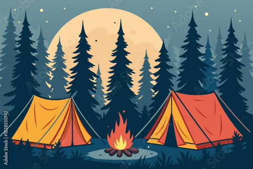Depicting Camping Scene With Tents Trees Firepit Stunning Premium Digital Asset