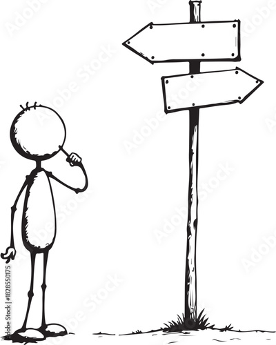 Stick figure character contemplating a directional signpost with two arrows