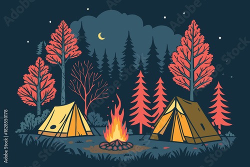 Beautiful Camping Scene With Tents Trees Firepit Premium Digital Asset