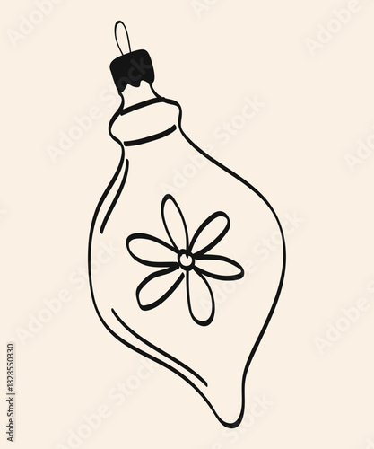 Christmas tree toy in vintage doodle style, Christmas illustration. Decorative ornament featuring a flower design on a simple background for holiday festivities at home