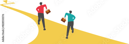 Three businessmen running isometric on arrows

