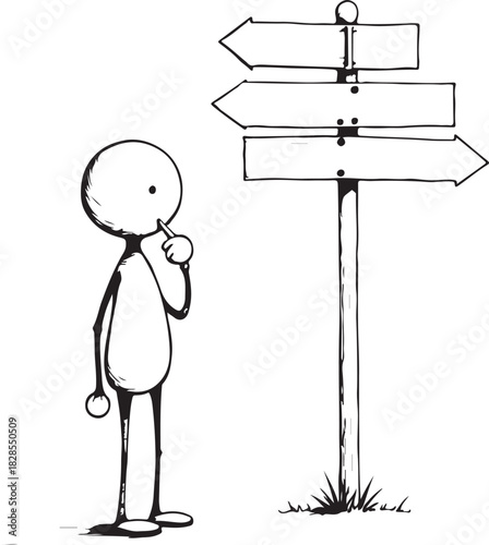 Little person character contemplating a directional signpost with multiple arrows