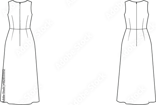 Elegant Sleeveless Maxi Dress Technical Fashion Flat Sketch Illustration, Front and Back View, A-Line Floor Length Gown with Waist Seam and Dart Detailing, Apparel CAD Template