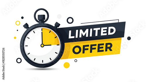 Limited Offer Discount Banner with Black and Yellow Stopwatch Graphic Showing Urgency for Exclusive Super Unlimited Sale for Happy New Year 2026 Merry Christmas Eve Special Festival Big Deal Mega 
