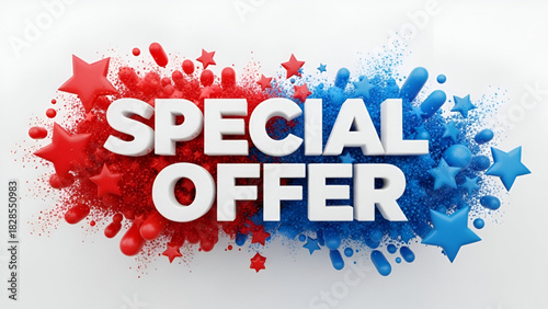 Dynamic 3D Special Offer Text Bursting with Red and Blue Particles Stars and Shapes on White Background for Happy New Year 2026 Merry Christmas Eve Exclusive Super Unlimited Festival Big Deal Mega 
