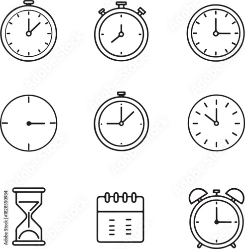 Collection of hand drawn timekeeping devices including clocks and hourglass