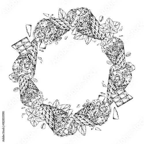 Mint leaves, pistachio nuts, chocolate flecks on gelato scoops in waffle cone hand drawn in ink. Vector graphic wreath frame line illustration. Eco dessert branding, summer scrapbooking, fest flyer