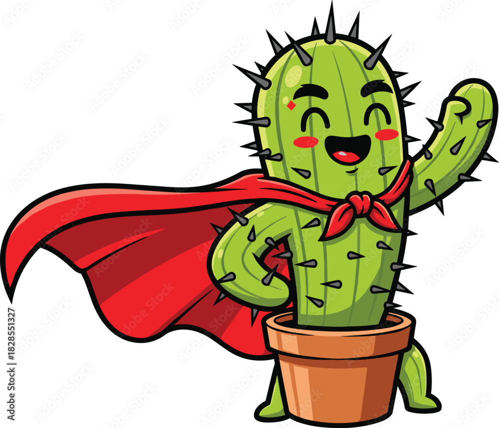 Obraz premium Cartoon cactus superhero vector illustration, smiling green plant in pot with cape and blush, playful character for kids