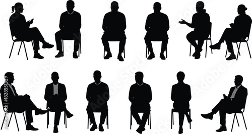 Extensive collection of black silhouette figures sitting on chairs in various professional and casual poses, 