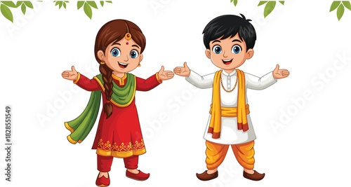 Cartoon South Asian children vector illustration, festive traditional outfits with smiling faces and leaves, cultural celebration theme