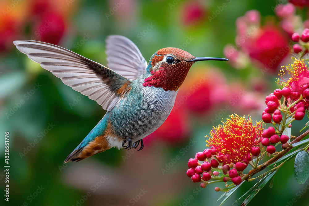 Fototapeta premium Hummingbird hovers near red and yellow flowers