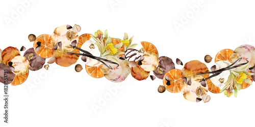 Creme brulee chocolate chips ice cream scoops with vanilla flower pods, orange slices, nuts. Isolated seamless banner border hand drawn in watercolor. Sweet dessert decor, printable card, event flyer.