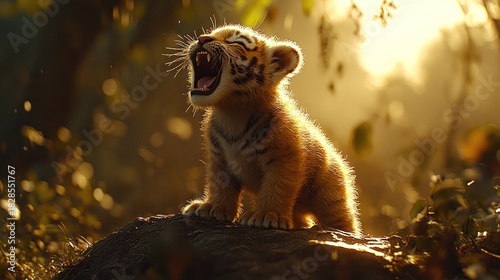 Adorable tiger cub roars in golden light