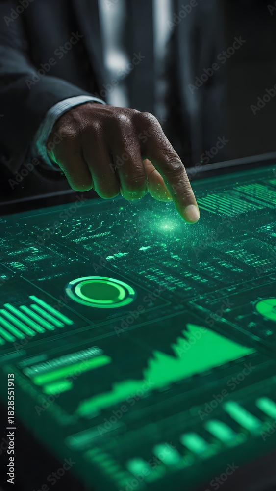 Obraz premium Business Executive Controlling Holographic Sustainability Investment Dashboard with Renewable Finance Flow – ESG Finance Vertical Image