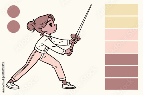 Cartoon woman in fencing uniform with sword in action