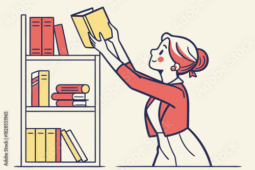 Woman arranging a book on a shelf in cute cartoon illustration