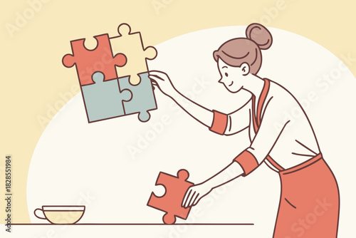Woman arranging puzzle pieces illustrating problem solving strategy