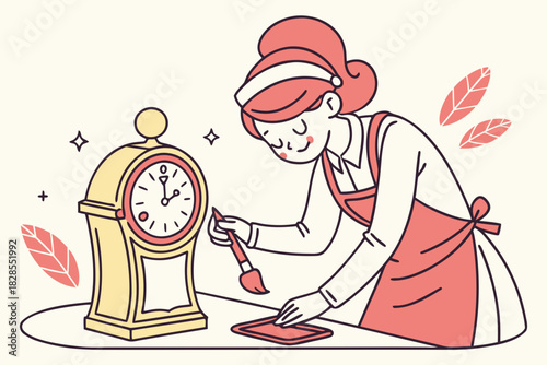 Woman Cleaning a Clock with Brush in a Cartoon Illustration